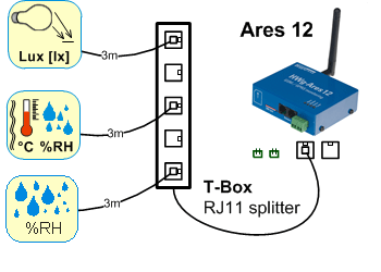 Рисунок 1. Датчики можно подключать параллельно с помощью разветвителя T-Box или T-Box2.