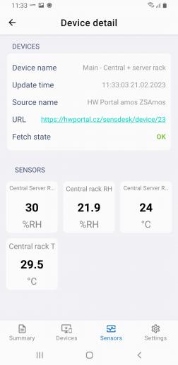 View device detail in the Android environment. The detail contains information about the device and an overview of its sensors, inputs and outputs