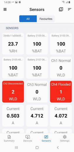 An overview of all sensors sorted by name in a tile view. Android environment