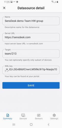 Setup and data source editing page from the SensDesk Technology portal in the Android environment
