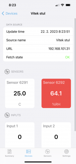 View device detail in the iPhone environment. The detail contains information about the device and an overview of its sensors, inputs and outputs