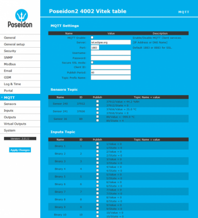 MQTT page in Poseidon2 web interface