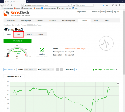 Sensor page in SensDesk