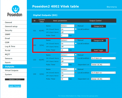 Digital outpus control over website in the device Poseidon2 4002