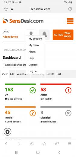 User menu on the SensDesk Technology portal