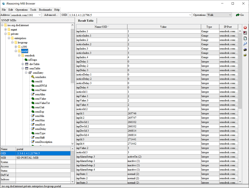 SNMPv1 example of iReasoning SNMP tester Walk command.