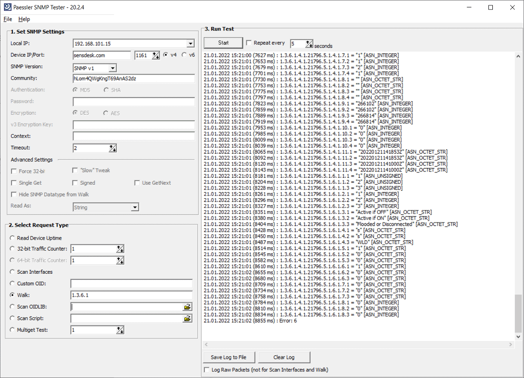 SNMPv1 example of Paessler SNMP tester Walk command.