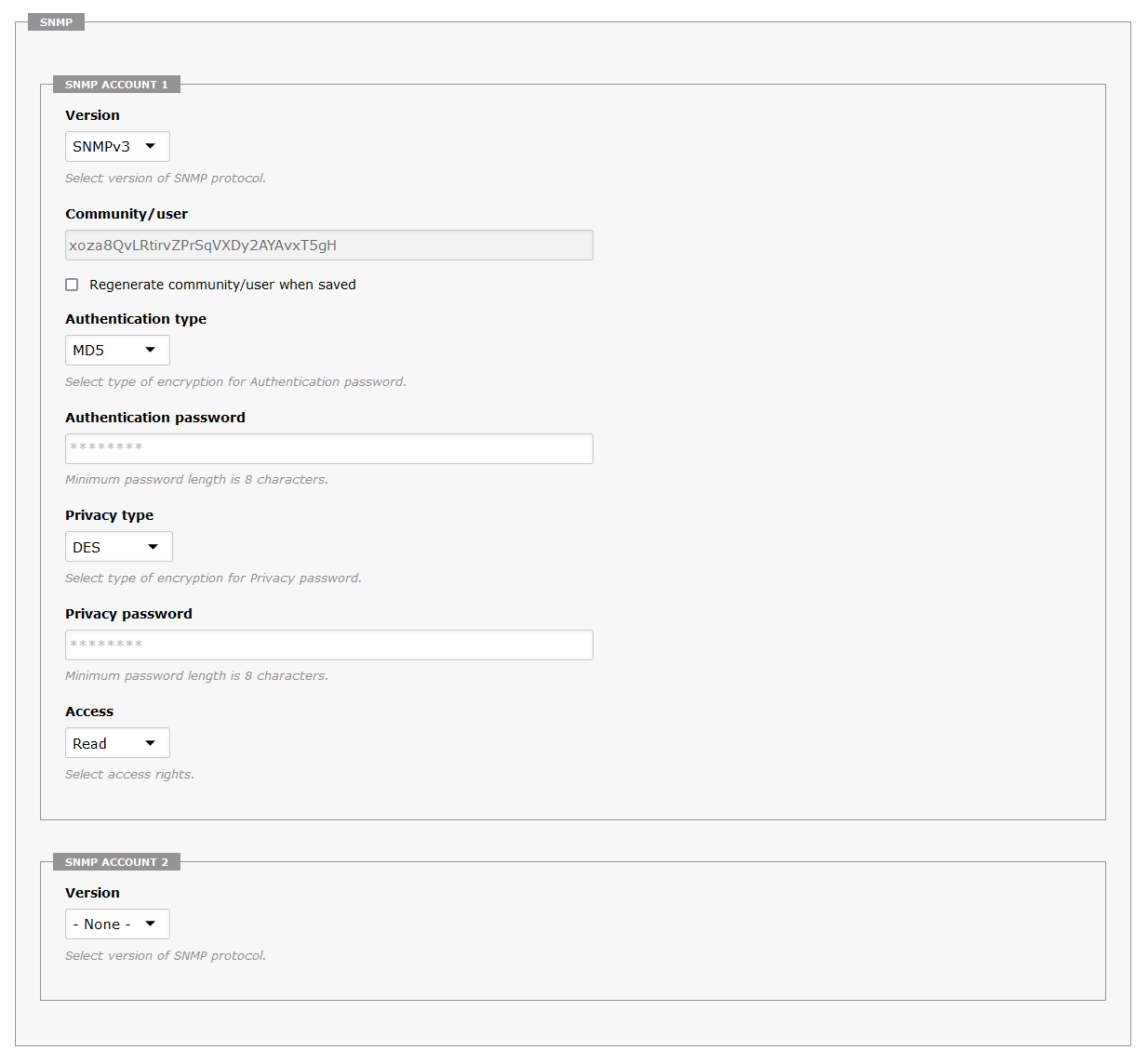 Every user can create two SNMP accounts.